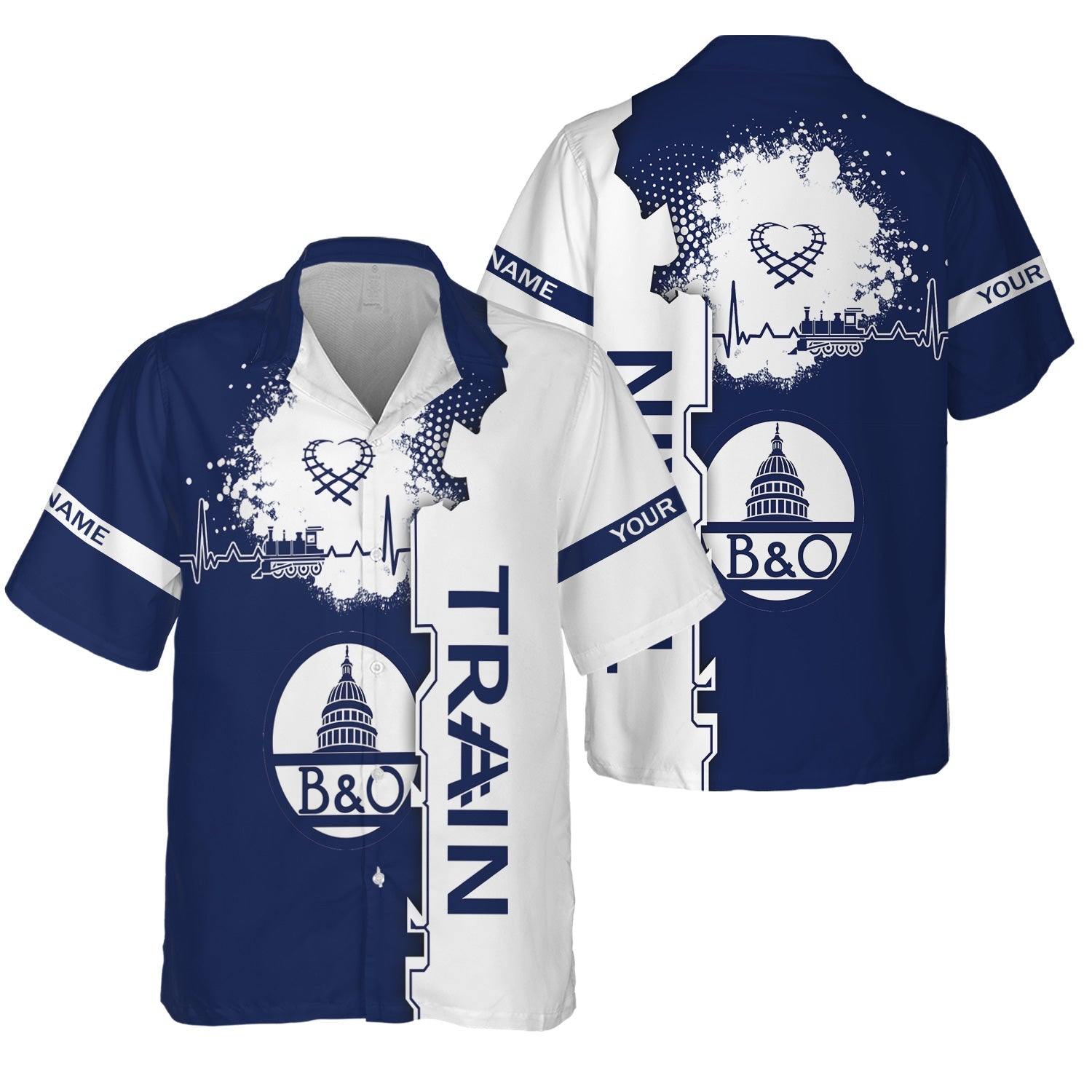 Railspirit Personalized Baltimore and Ohio Railroad Hawaiian Shirt Engine Heartbeat and Track Love Style B&O Shirt Gift Idea For Train Lovers