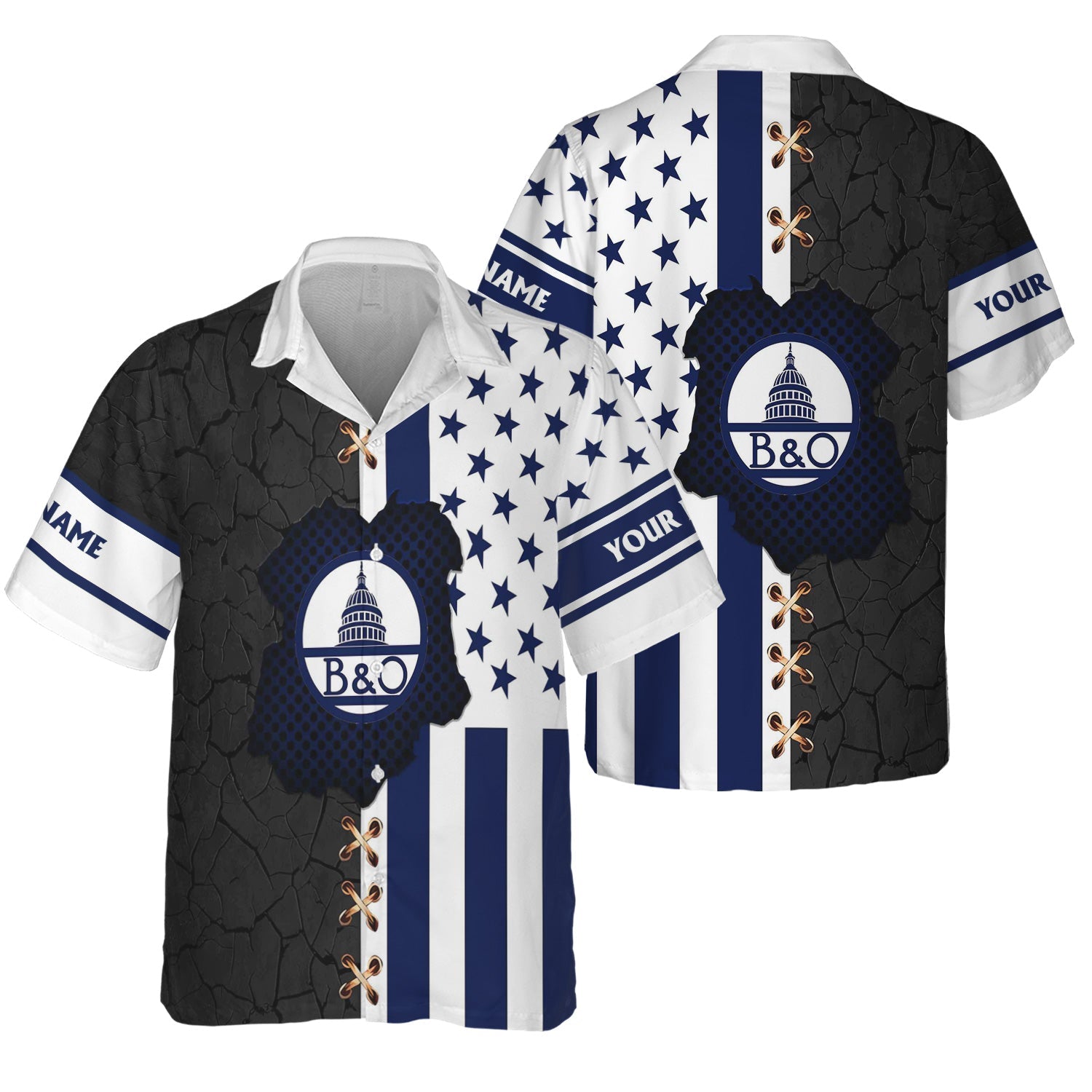 Railspirit Personalized Baltimore and Ohio Railroad Hawaiian Shirt American Flag with Crack Effect B&O Train Shirt