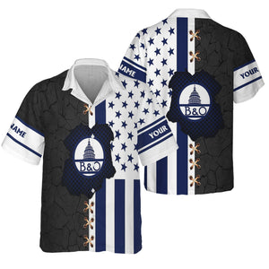 Railspirit Personalized Baltimore and Ohio Railroad Hawaiian Shirt American Flag with Crack Effect B&O Train Shirt