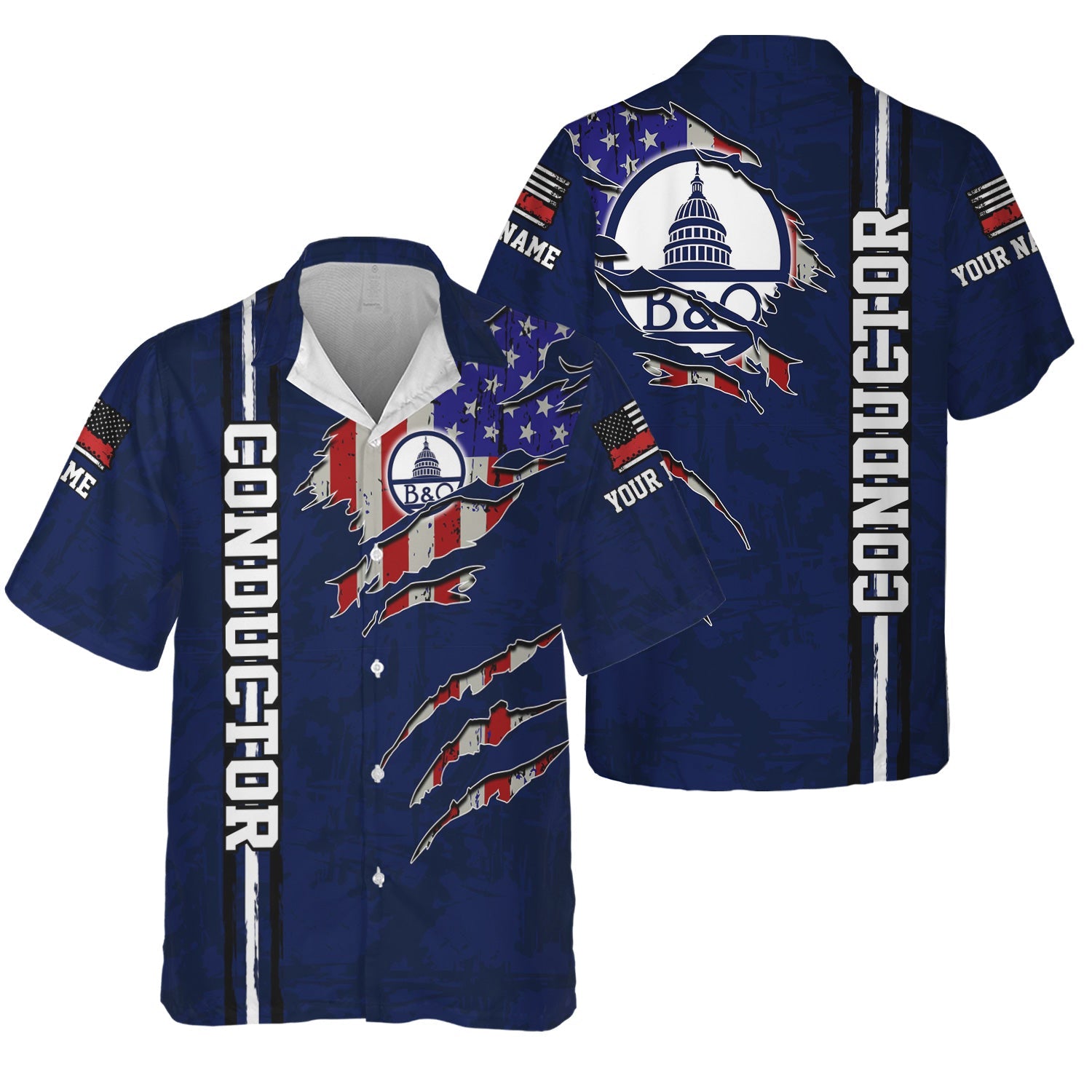 Railspirit Personalized Baltimore and Ohio Railroad Hawaiian Shirt USA Flag Claw Art with Custom Job B&O Train Shirt