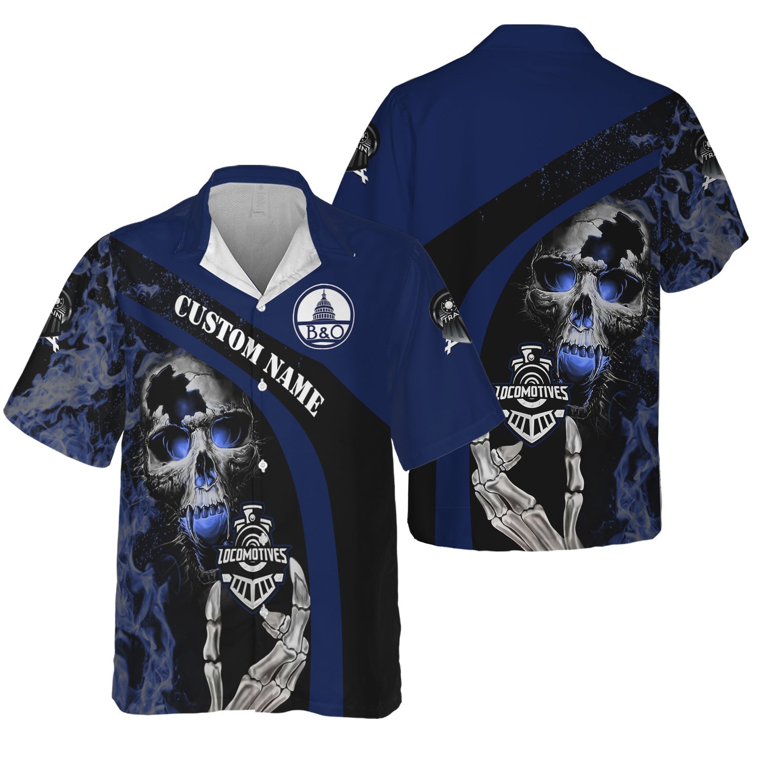 Railspirit Personalized Baltimore and Ohio Railroad Hawaiian Shirt Flame Skull Design B&O Train Shirt for Locomotive Fans