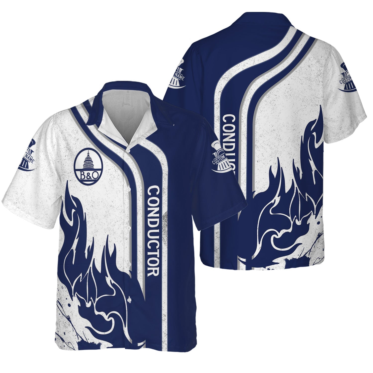 Railspirit Personalized Baltimore and Ohio Railroad Hawaiian Shirt Flame Design with Custom Job Position B&O Train Shirt