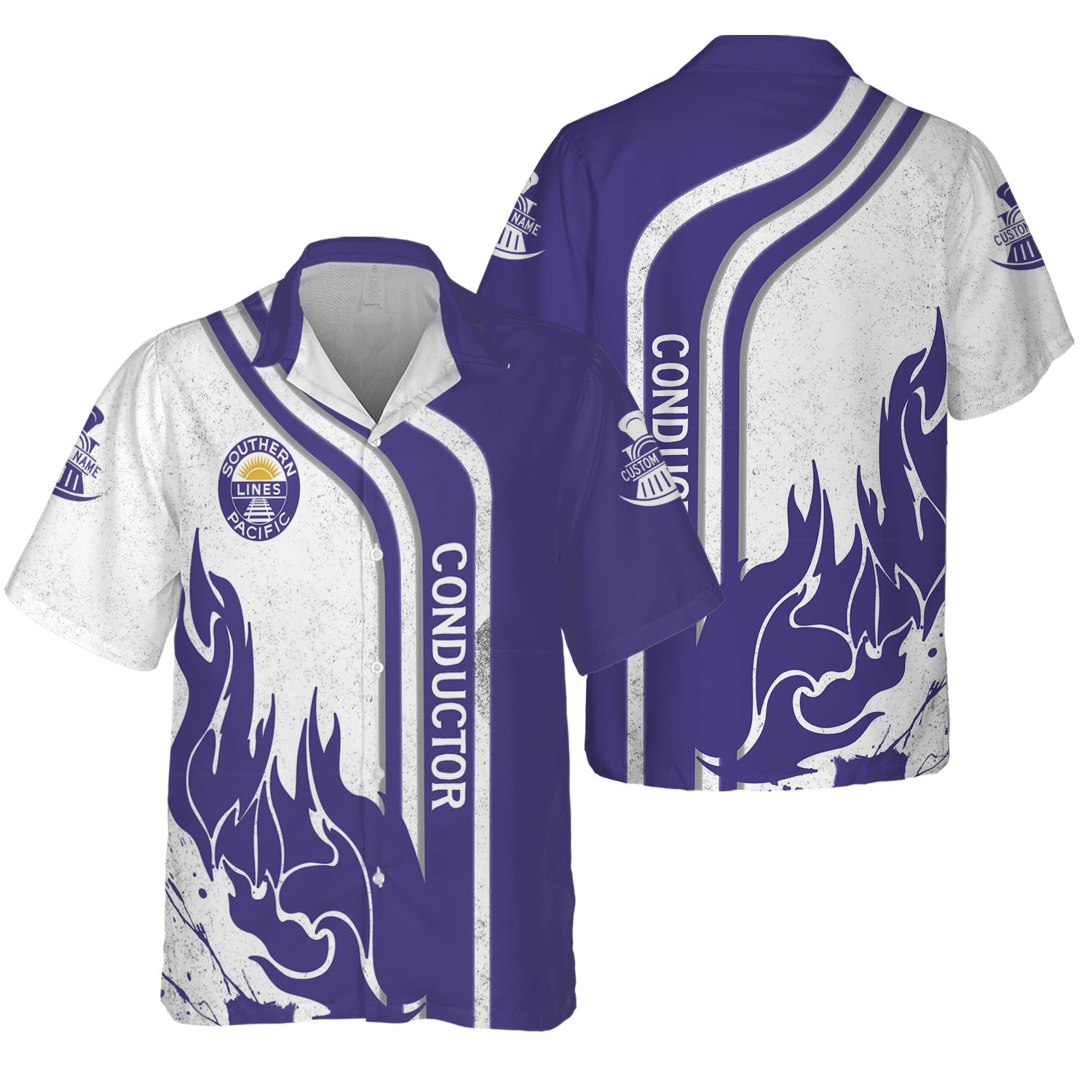 Railspirit Personalized Southern Pacific Railroad Hawaiian Shirt Flame Design with Custom Job Position Train Shirt