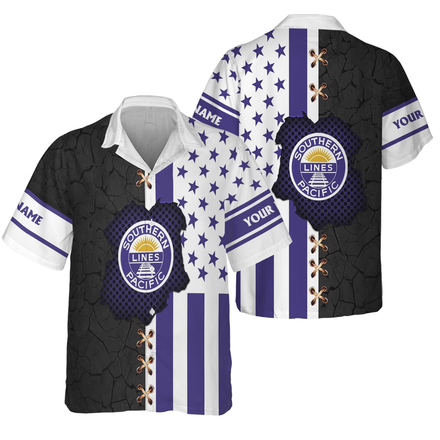 Railspirit Personalized Southern Pacific Railroad Hawaiian Shirt American Flag with Crack Effect Train Shirt