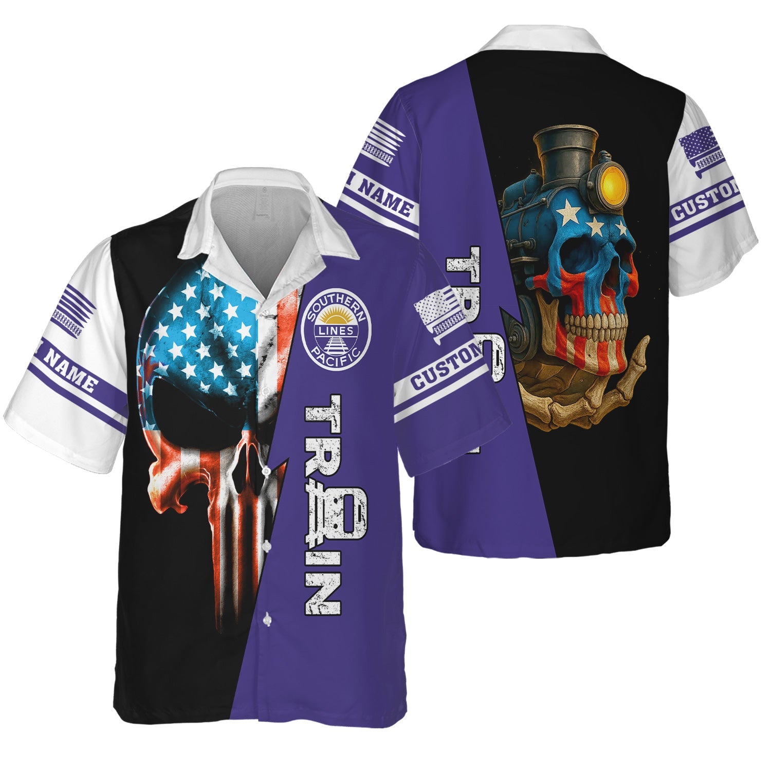 Railspirit Personalized Southern Pacific Railroad Hawaiian Shirt Train Skull American Flag Shirt All Over Print