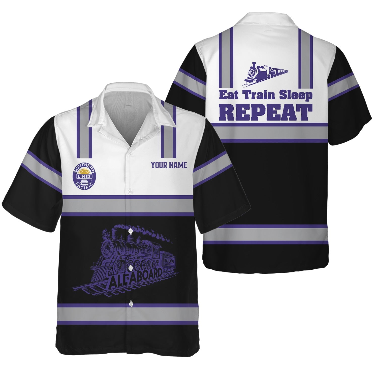 Railspirit Custom Name Southern Pacific Railroad Hawaiian Shirt Eat Train Sleep Repeat Printed Train Shirt