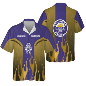 Railspirit Custom Name and Job Title Southern Pacific Railroad Hawaiian Shirt Flame Graphic Train Shirt For Rail Workers