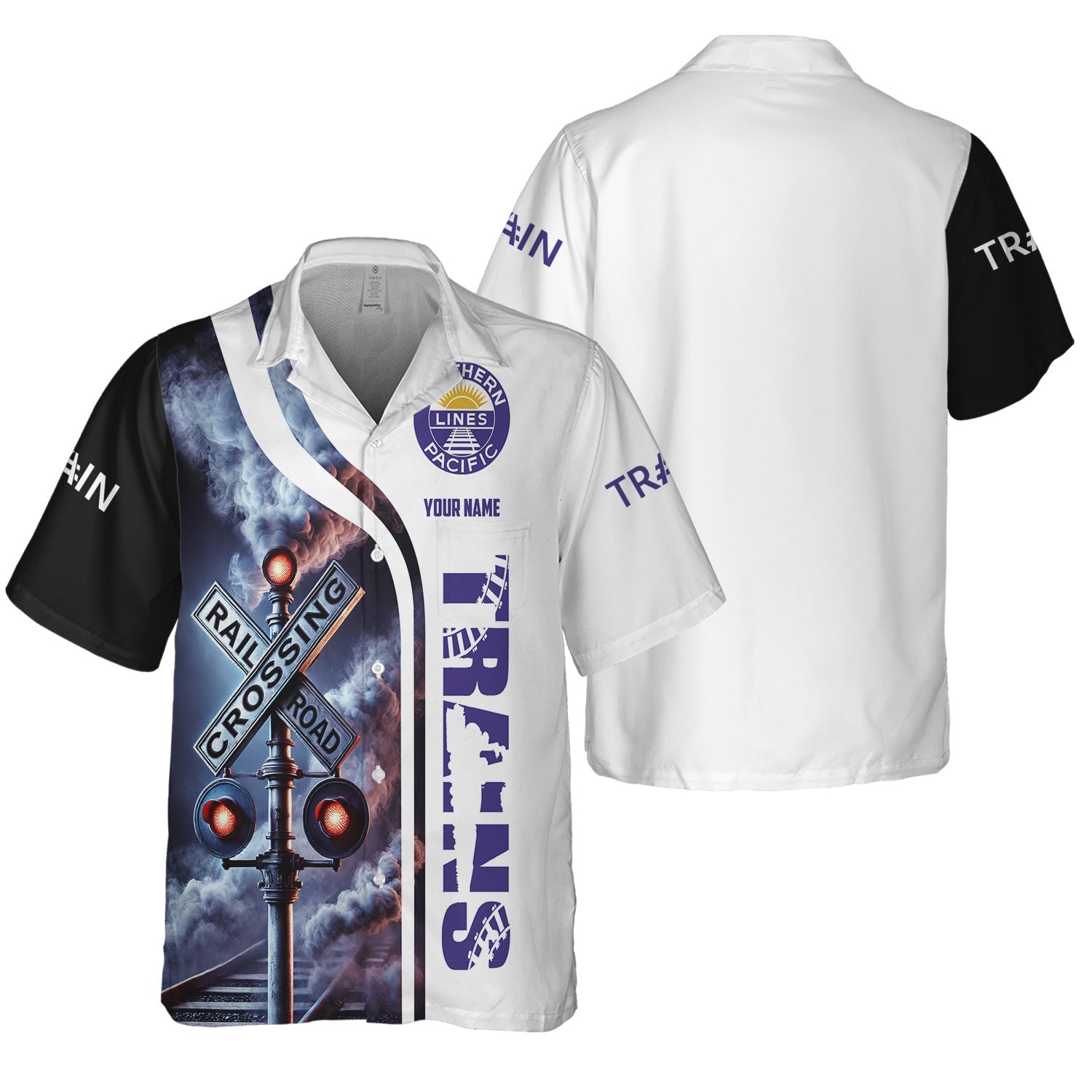 Railspirit Custom Name Southern Pacific Railroad Hawaiian Shirt Railroad Crossing Sign Printed Train Shirt