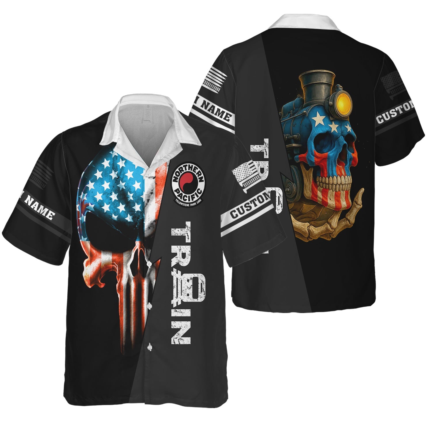 Railspirit Personalized Northern Pacific Railway Hawaiian Shirt Train Skull American Flag Shirt All Over Print