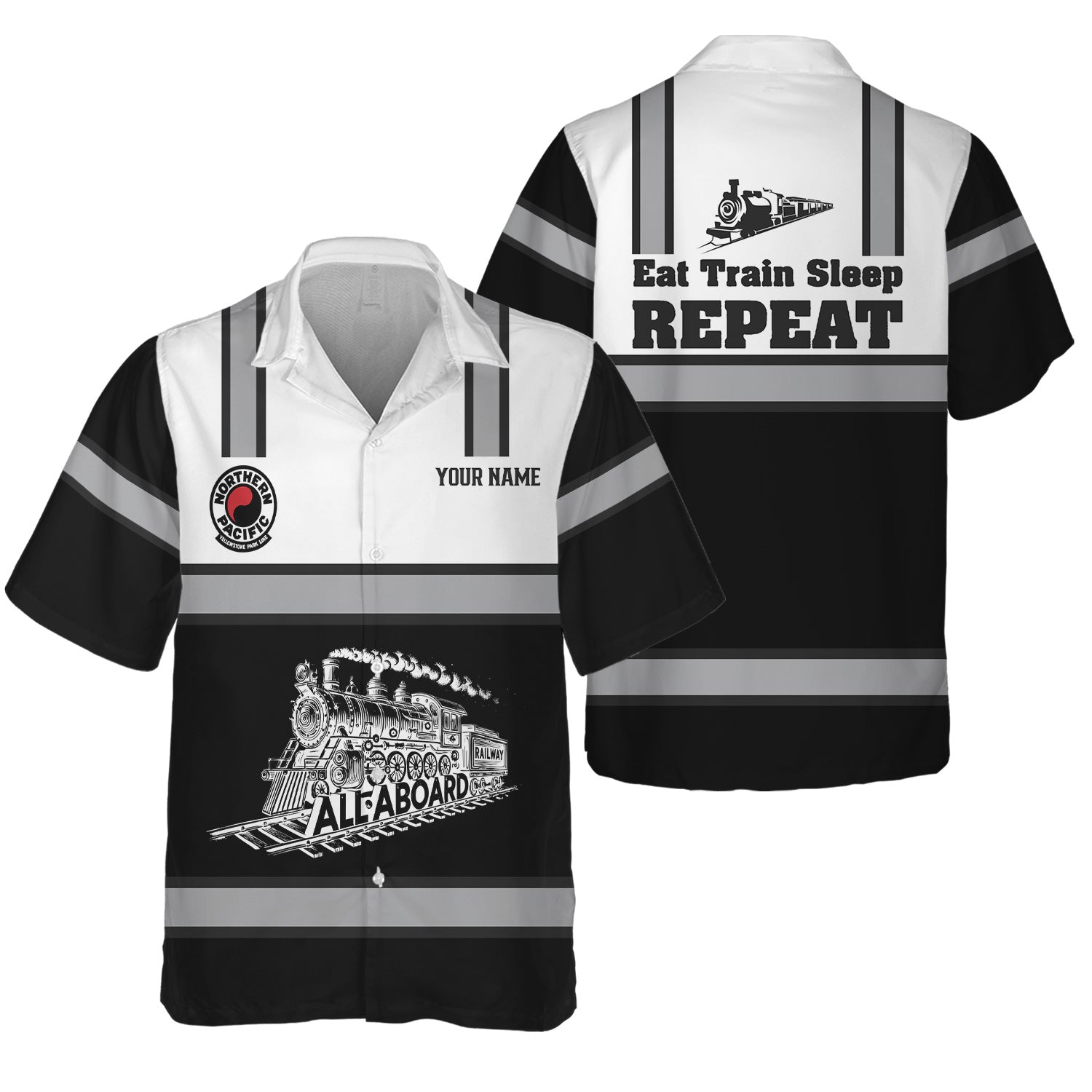 Railspirit Custom Name Northern Pacific Railway Hawaiian Shirt Eat Train Sleep Repeat Printed Train Shirt