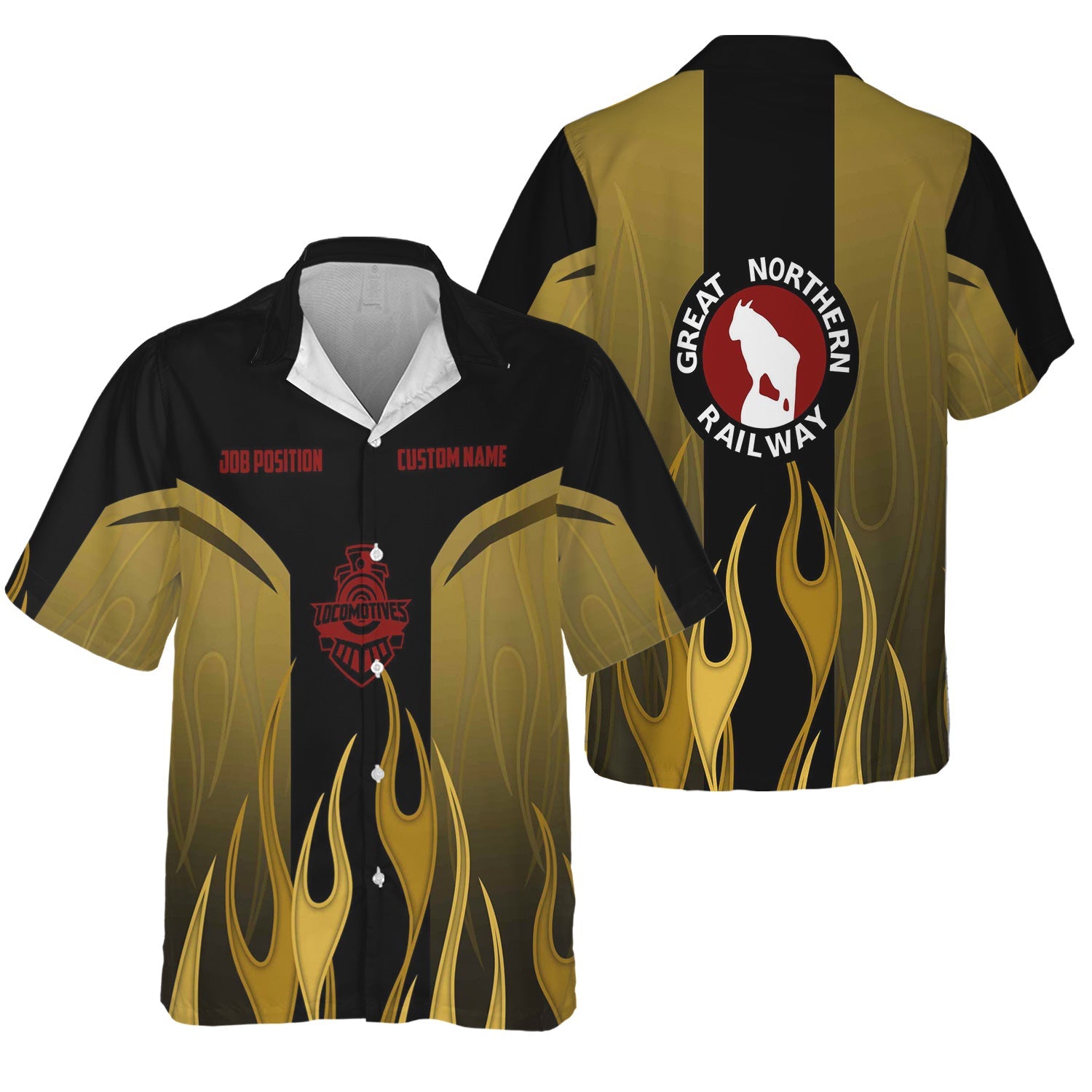 Railspirit Custom Name and Job Title Great Northern Railway Hawaiian Shirt Flame Graphic GNR Train Shirt For Rail Workers