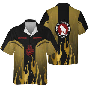 Railspirit Custom Name and Job Title Great Northern Railway Hawaiian Shirt Flame Graphic GNR Train Shirt For Rail Workers