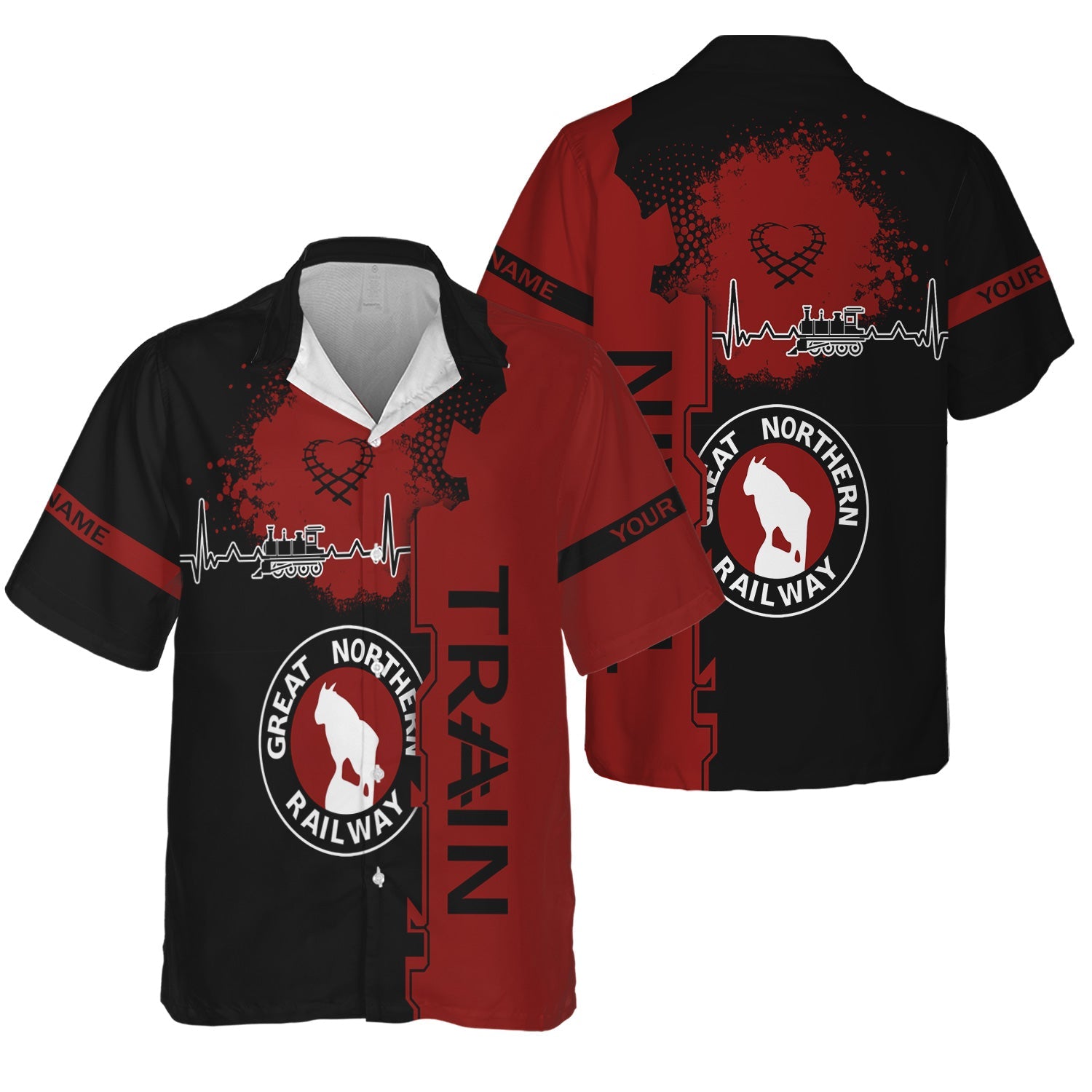 Railspirit Personalized Great Northern Railway Hawaiian Shirt Engine Heartbeat and Track Love Style GNR Shirt Gift Idea For Train Lovers
