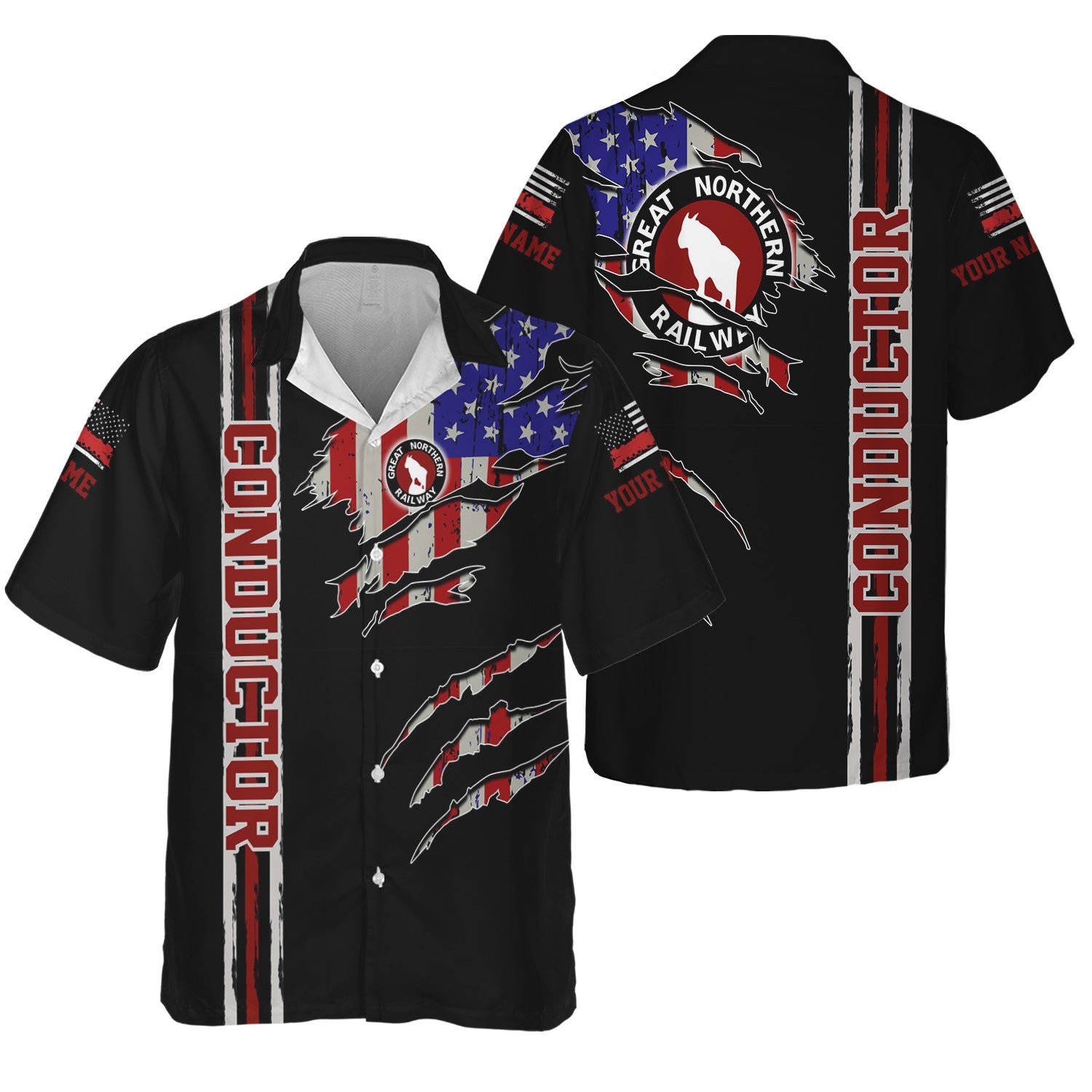 Railspirit Personalized Great Northern Railway Hawaiian Shirt USA Flag Claw Art with Custom Job GNR Train Shirt