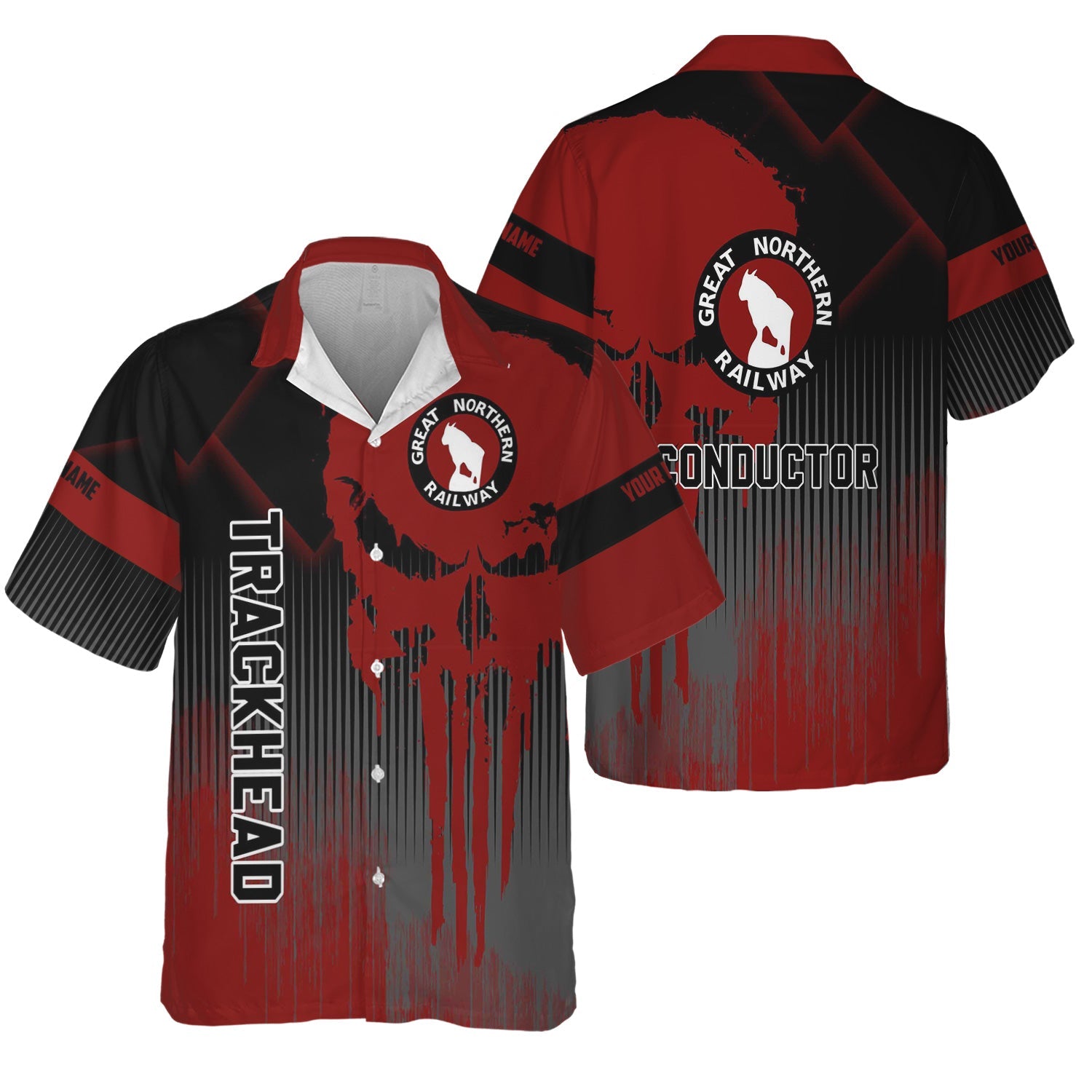 Railspirit Personalized Great Northern Railway Hawaiian Shirt Skull Design with Custom Job GNR Train Shirt for Trackhead Crew