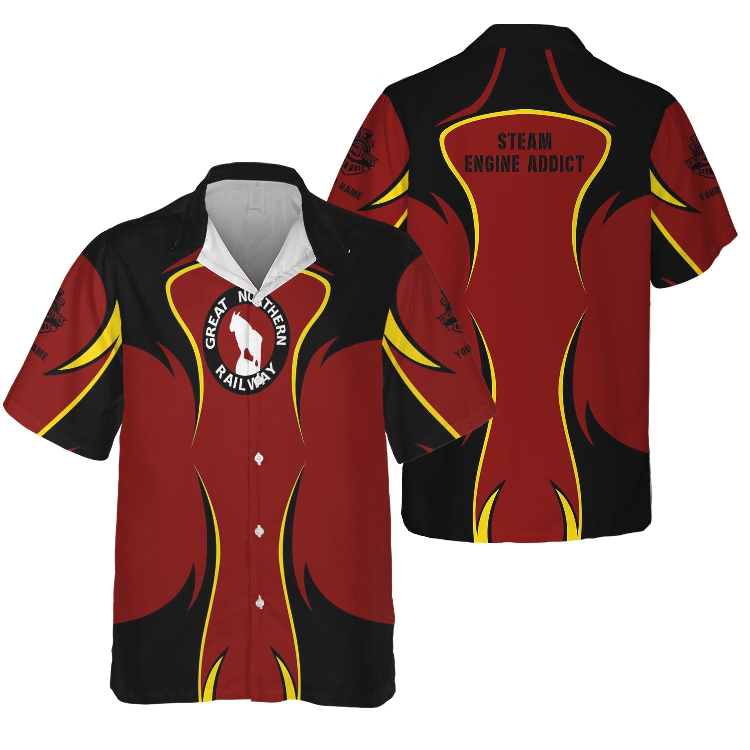 Railspirit Personalized Great Northern Railway Hawaiian Shirt Distinctive Flame Style GNR Shirt For Steam Engine Addict