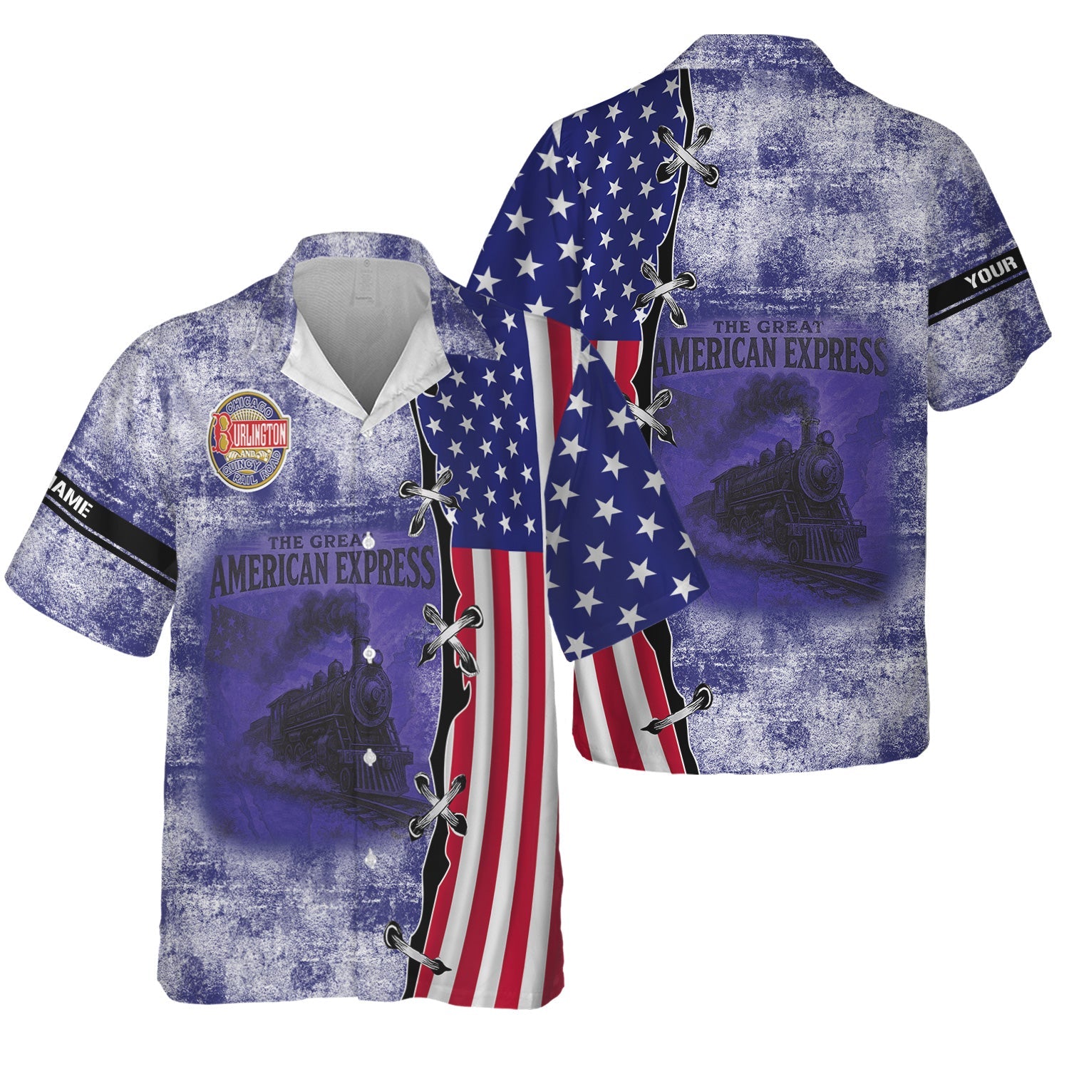 Railspirit Personalized Chicago, Burlington and Quincy Railroad Hawaiian Shirt Retro American Express Train With USA Flag Shirt