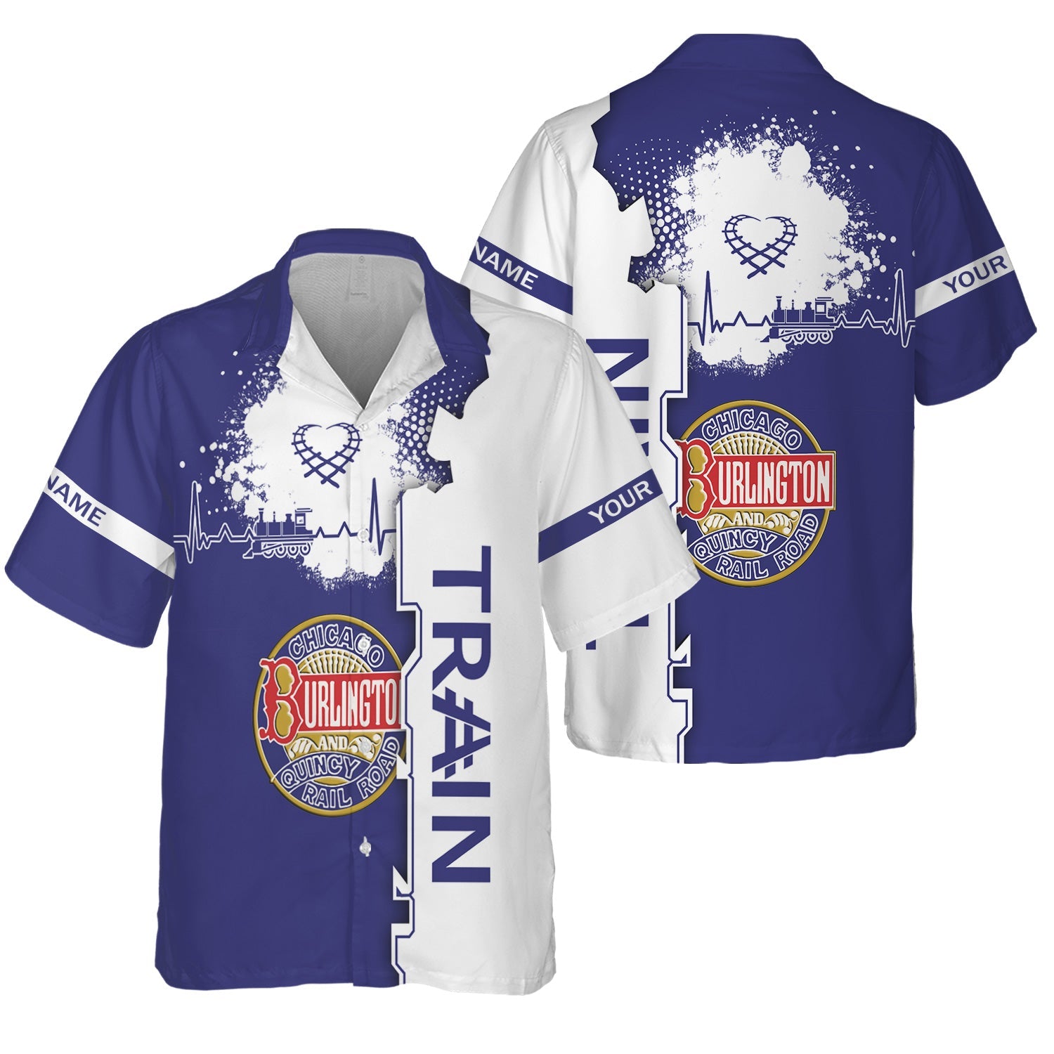 Railspirit Personalized Chicago, Burlington and Quincy Railroad Hawaiian Shirt Engine Heartbeat and Track Love Style Shirt Gift Idea For Train Lovers