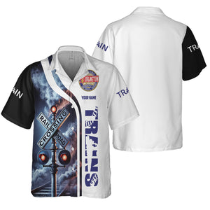 Railspirit Custom Name Chicago, Burlington and Quincy Railroad Hawaiian Shirt Railroad Crossing Sign Printed Train Shirt