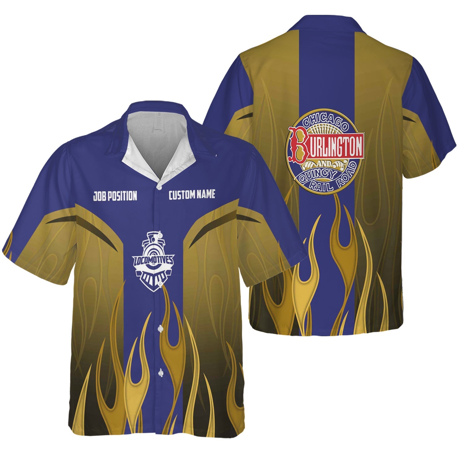 Railspirit Custom Name and Job Title Chicago, Burlington and Quincy Railroad Hawaiian Shirt Flame Graphic Train Shirt For Rail Workers