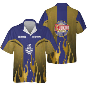Railspirit Custom Name and Job Title Chicago, Burlington and Quincy Railroad Hawaiian Shirt Flame Graphic Train Shirt For Rail Workers