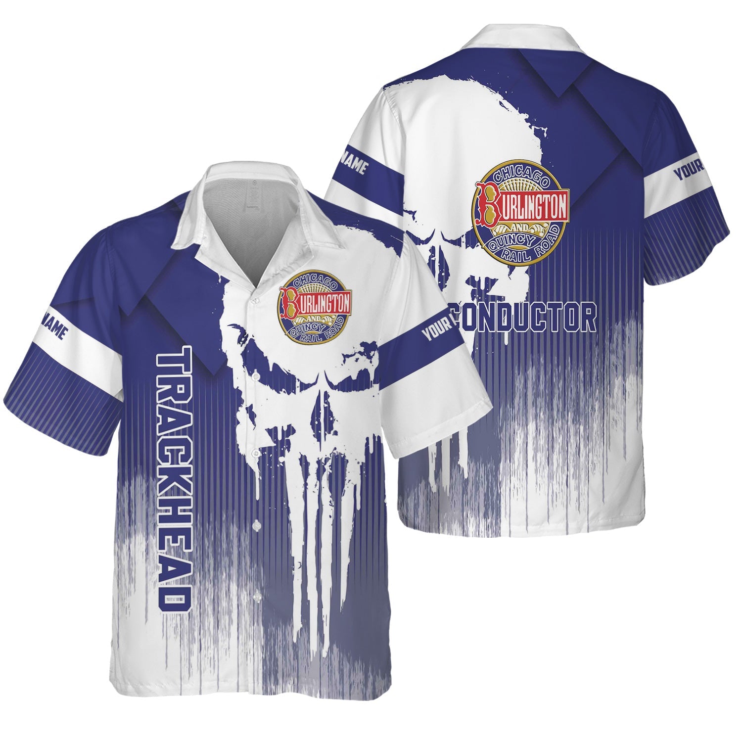 Railspirit Personalized Chicago, Burlington and Quincy Railroad Hawaiian Shirt Skull Design with Custom Job Train Shirt for Trackhead Crew