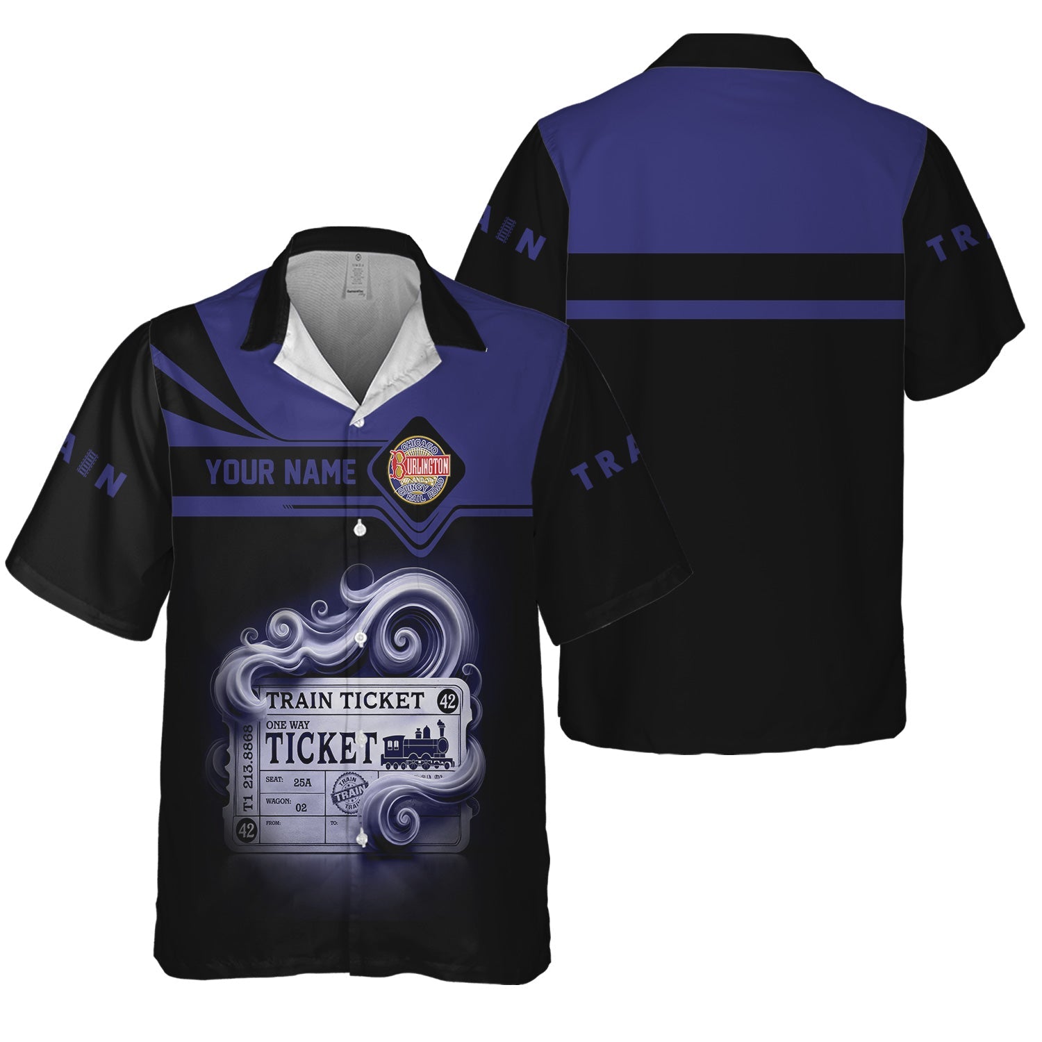 Railspirit Personalized Chicago, Burlington and Quincy Railroad Hawaiian Shirt Train Ticket American Locomotive Printed Train