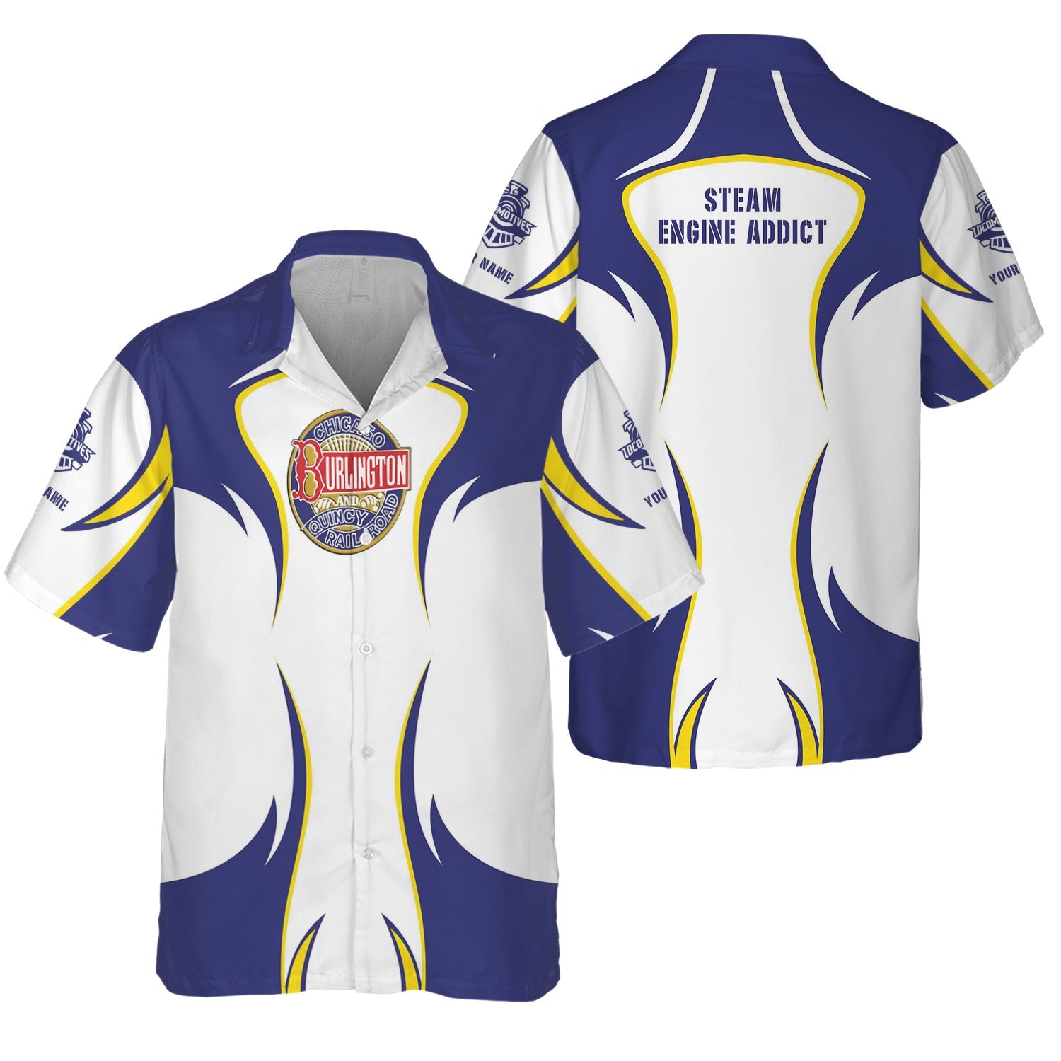 Railspirit Personalized Chicago, Burlington and Quincy Railroad Hawaiian Shirt Distinctive Flame Style Shirt For Steam Engine Addict