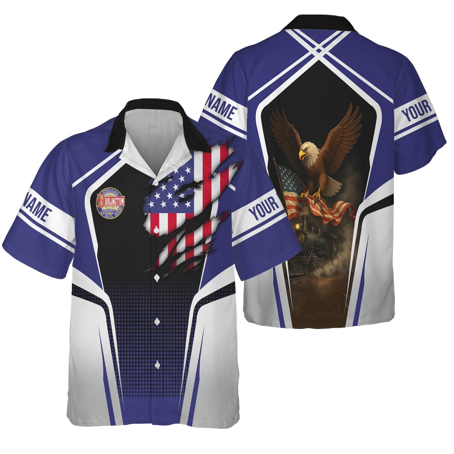 Railspirit Personalized Chicago, Burlington and Quincy Railroad Hawaiian Shirt American Eagle Vintage Train Shirt