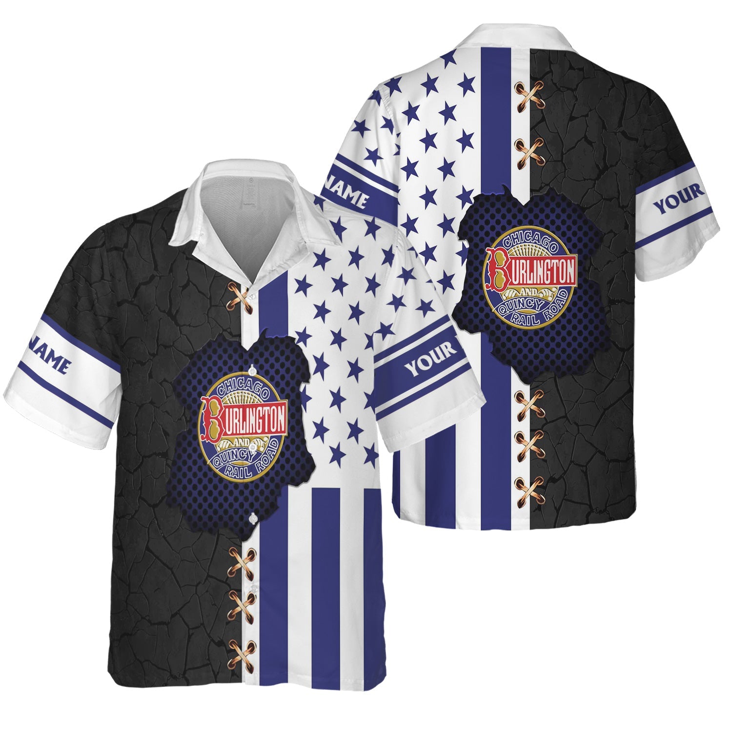 Railspirit Personalized Chicago, Burlington and Quincy Railroad Hawaiian Shirt American Flag with Crack Effect Train Shirt