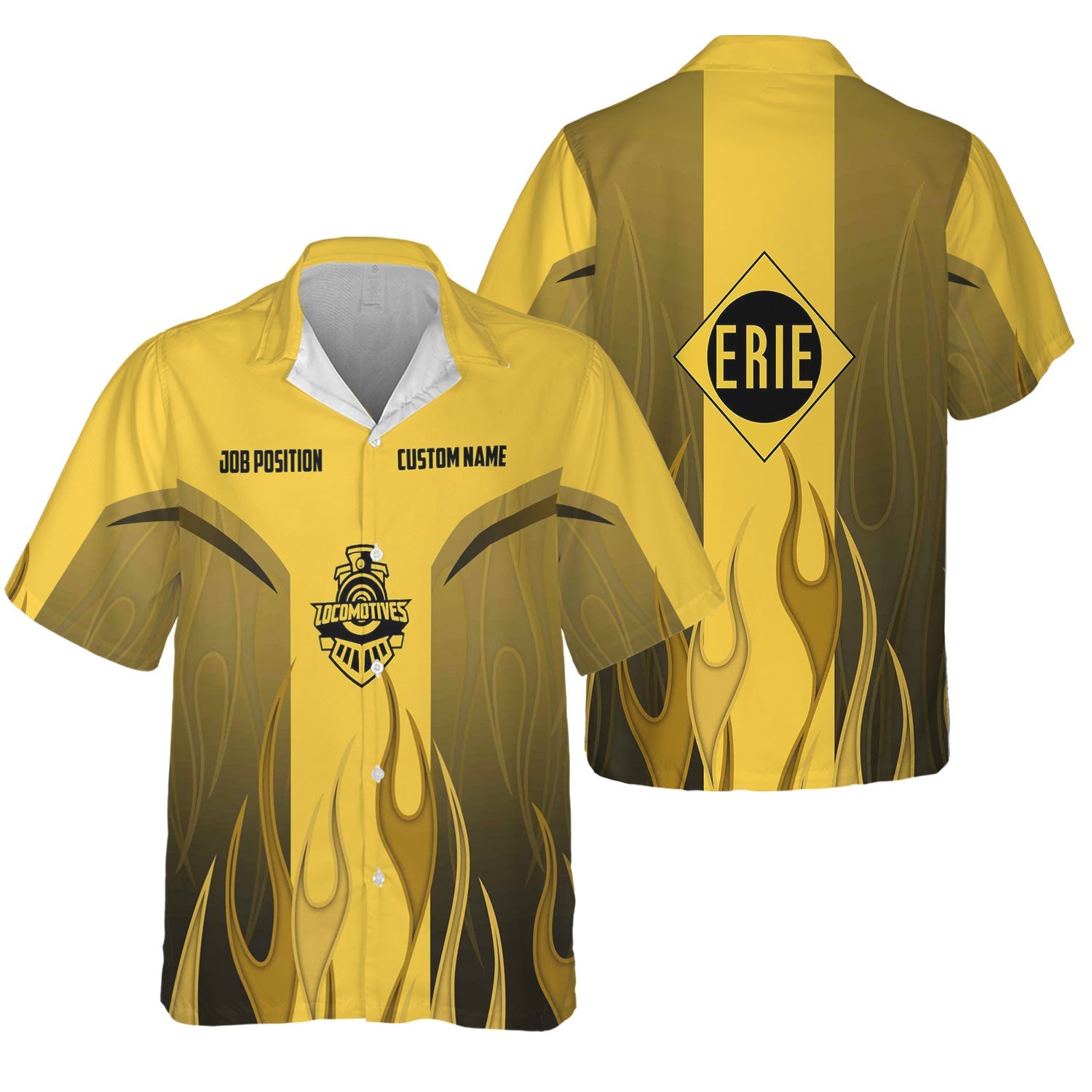 Railspirit Custom Name and Job Title Erie Railroad Hawaiian Shirt Flame Graphic Train Shirt For Rail Workers