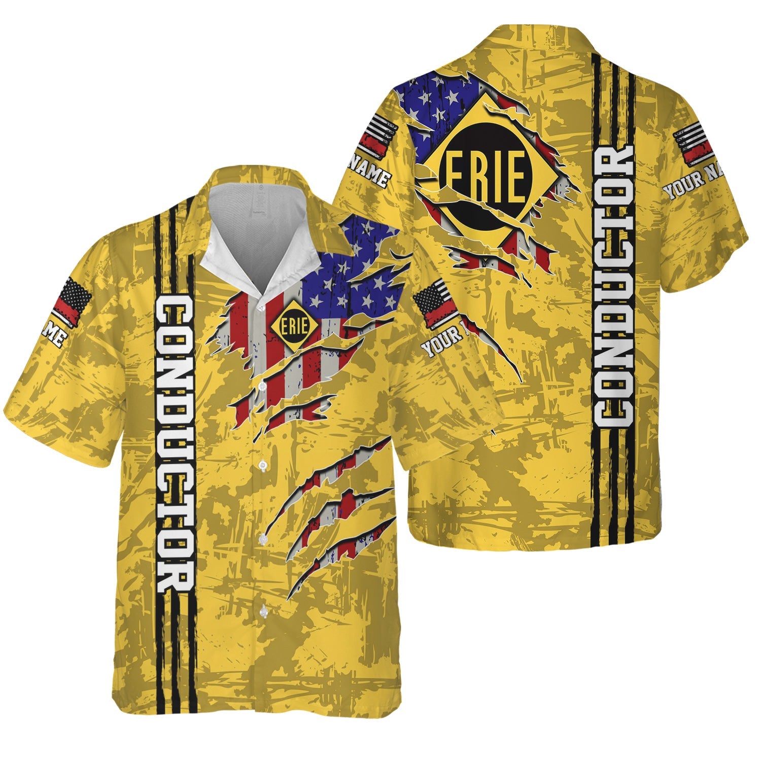 Railspirit Personalized Erie Railroad Hawaiian Shirt USA Flag Claw Art with Custom Job Train Shirt