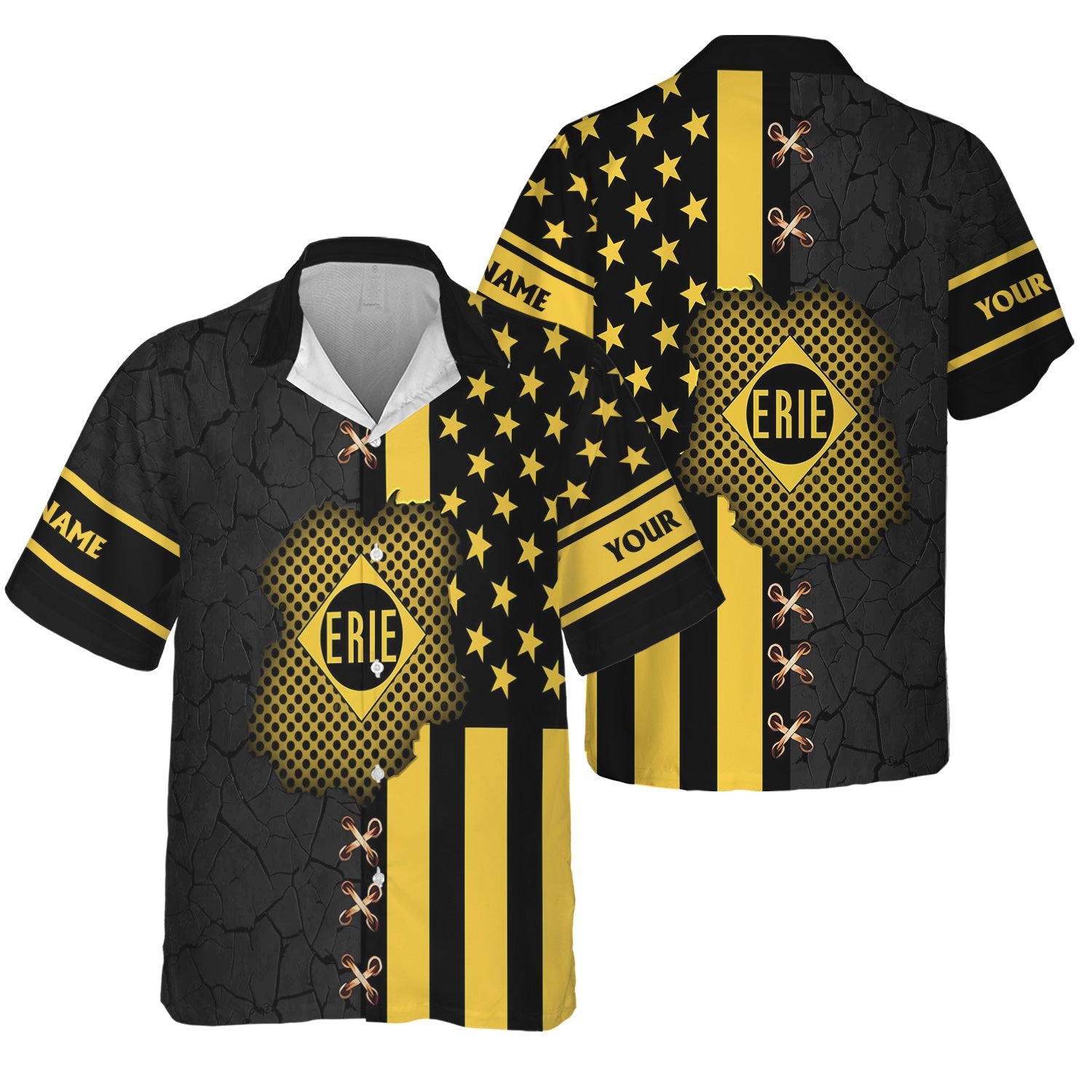Railspirit Personalized Erie Railroad Hawaiian Shirt American Flag with Crack Effect Train Shirt