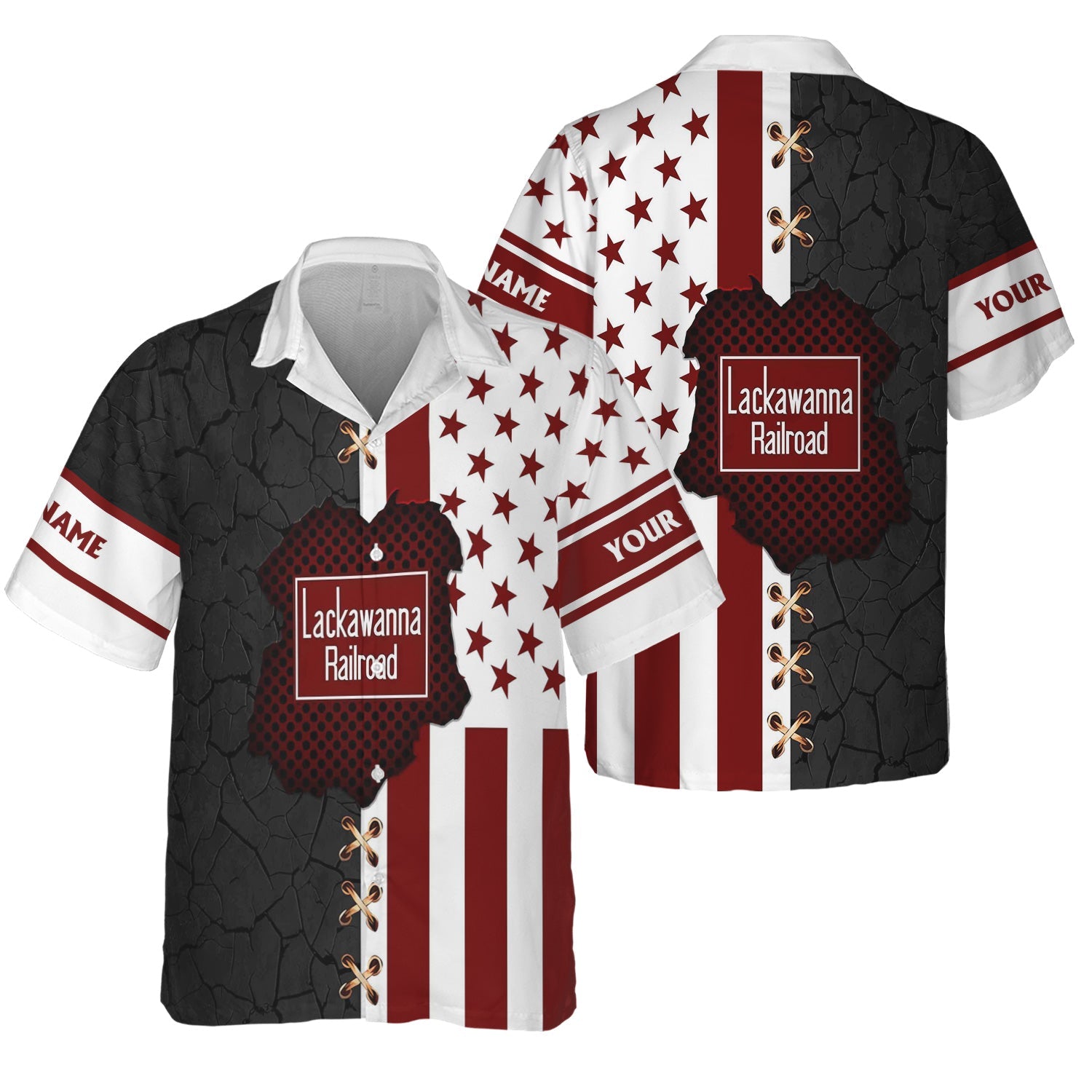 Railspirit Personalized Delaware, Lackawanna and Western Railroad Hawaiian Shirt American Flag with Crack Effect DL&W Train Shirt