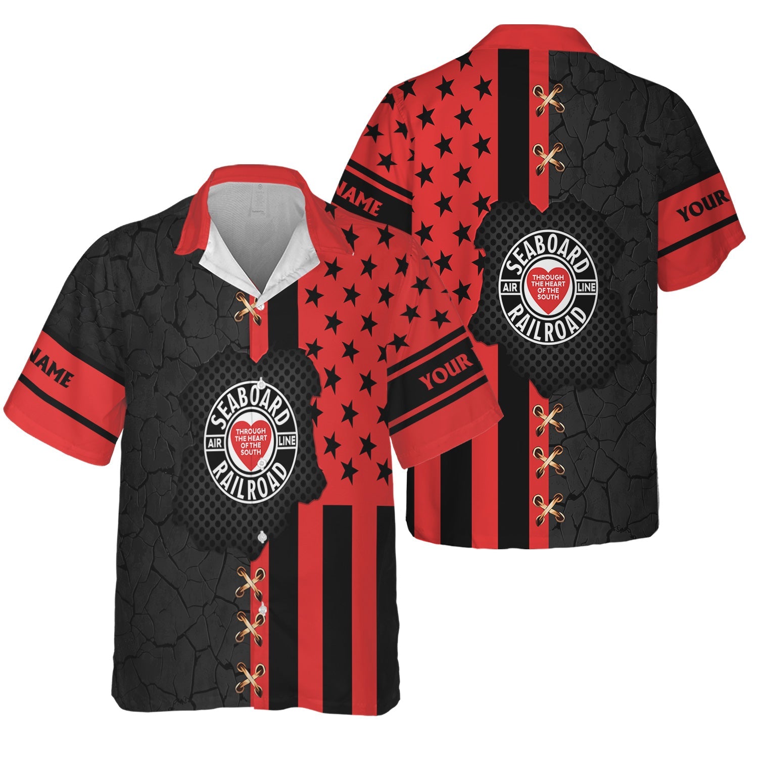 Railspirit Personalized Seaboard Air Line Railroad Hawaiian Shirt American Flag with Crack Effect Train Shirt