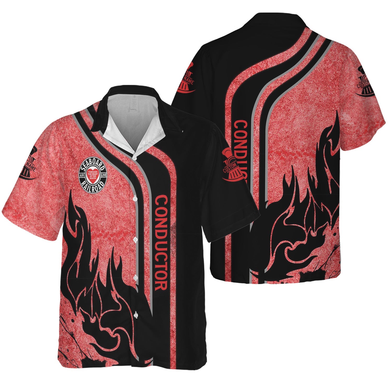 Railspirit Personalized Seaboard Air Line Railroad Hawaiian Shirt Flame Design with Custom Job Position Train Shirt