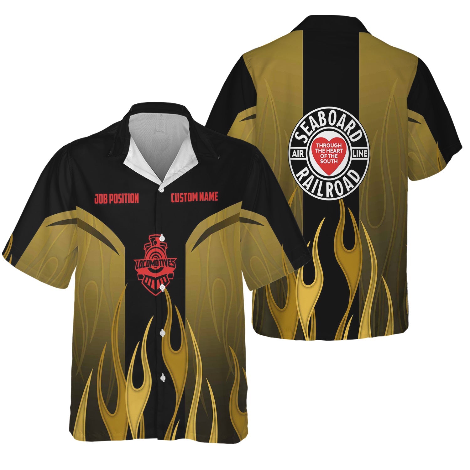 Railspirit Custom Name and Job Title Seaboard Air Line Railroad Hawaiian Shirt Flame Graphic Train Shirt For Rail Workers