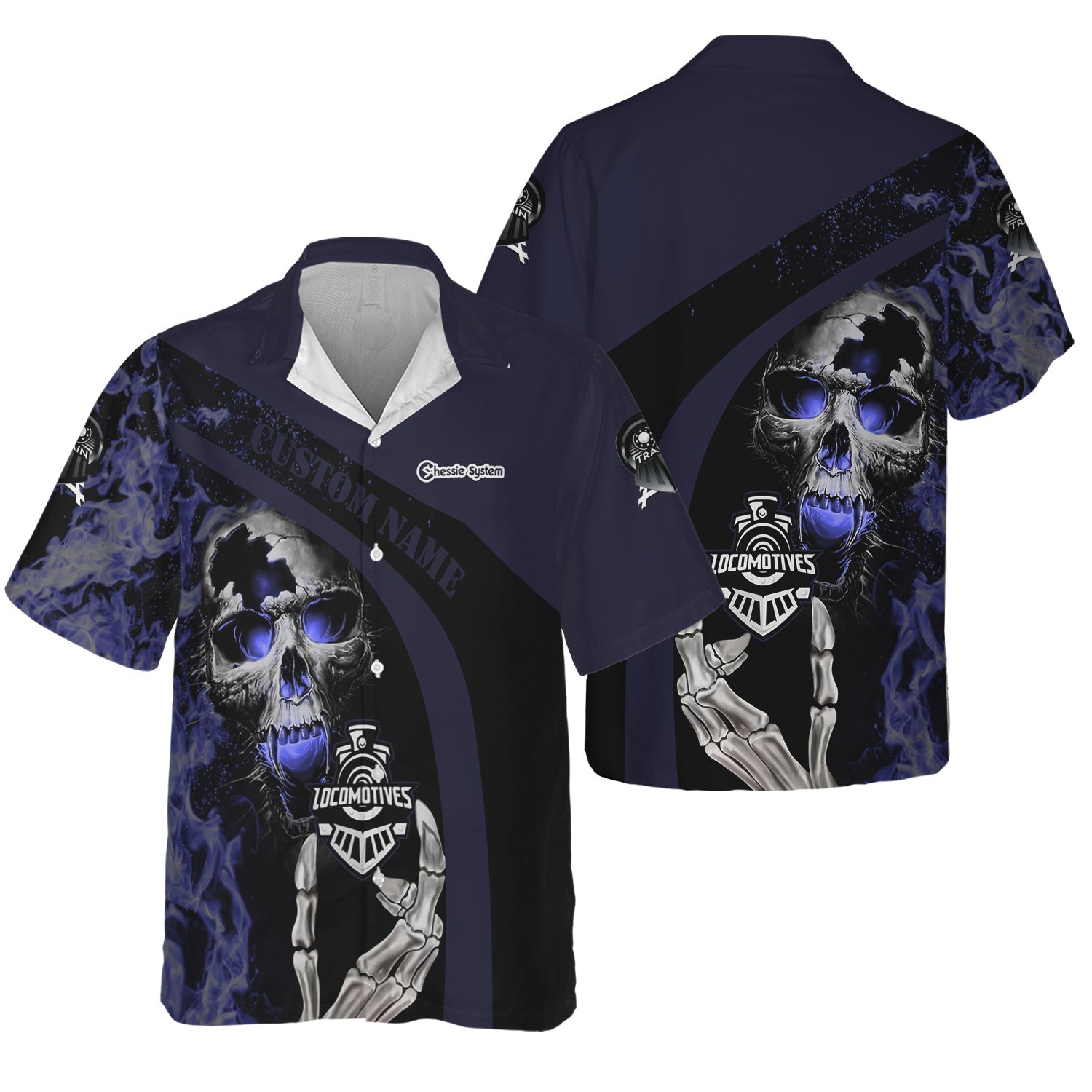 Railspirit Personalized Chessie System Railroad Hawaiian Shirt Flame Skull Design Train Shirt for Locomotive Fans
