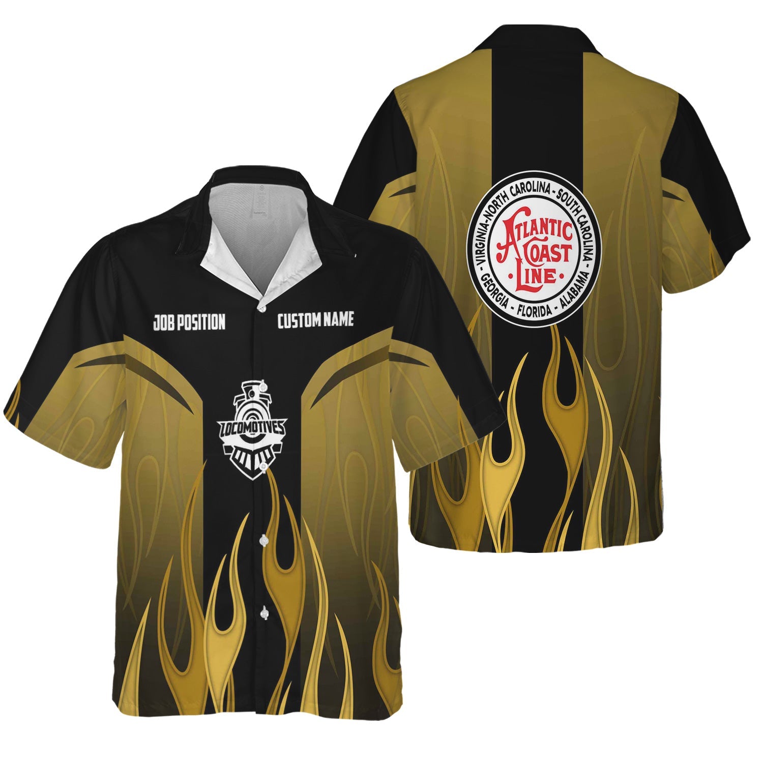Railspirit Custom Name and Job Title Atlantic Coast Line Railroad Hawaiian Shirt Flame Graphic Train Shirt For Rail Workers