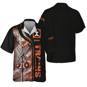 Railspirit Custom Name Illinois Central Railroad Hawaiian Shirt Railroad Crossing Sign Printed Train Shirt
