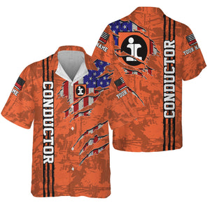 Railspirit Personalized Illinois Central Railroad Hawaiian Shirt USA Flag Claw Art with Custom Job Train Shirt