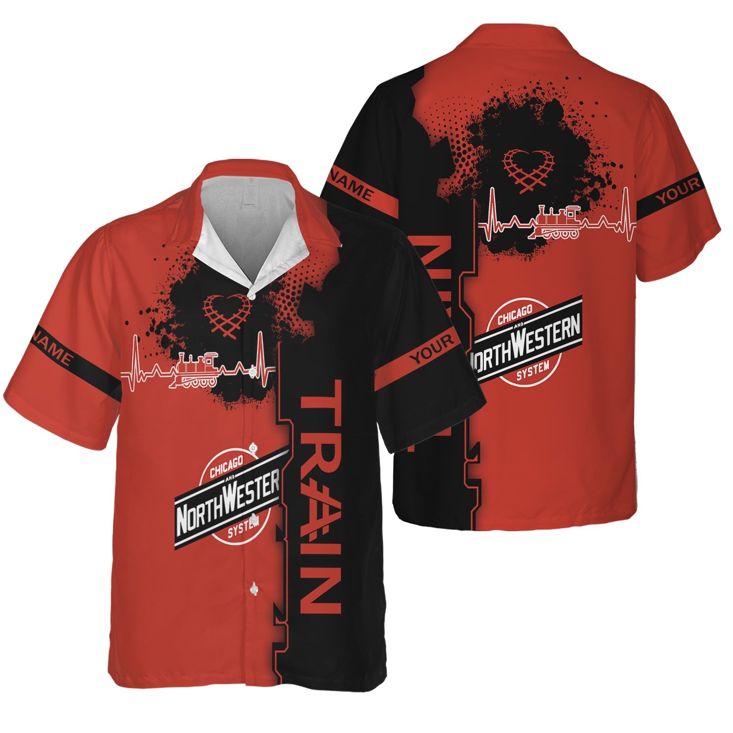Railspirit Personalized Chicago and North Western Railway Hawaiian Shirt Engine Heartbeat and Track Love Style Shirt Gift Idea For Train Lovers
