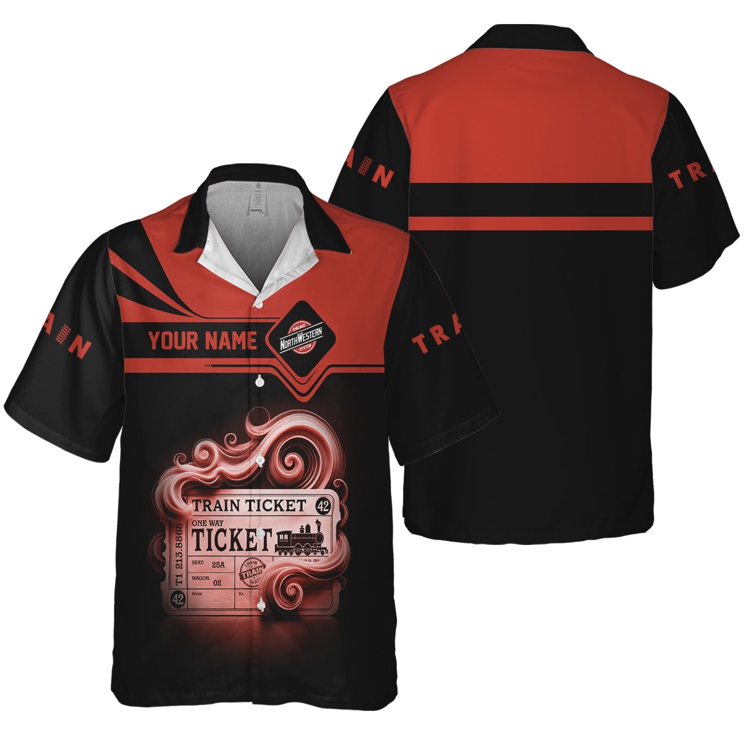 Railspirit Personalized Chicago and North Western Railway Hawaiian Shirt Train Ticket  American Locomotive Printed Train