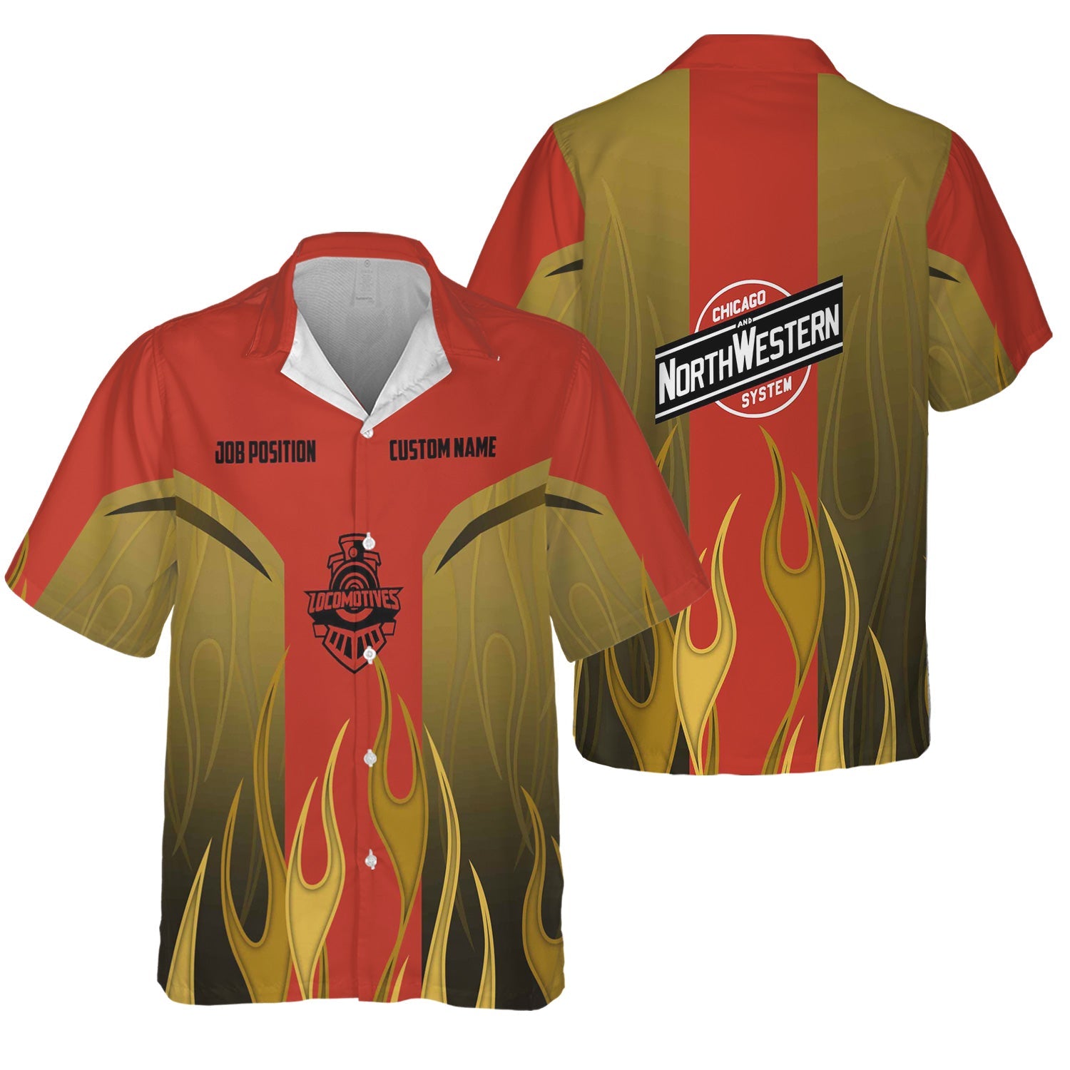 Railspirit Custom Name and Job Title Chicago and North Western Railway Hawaiian Shirt Flame Graphic Train Shirt For Rail Workers