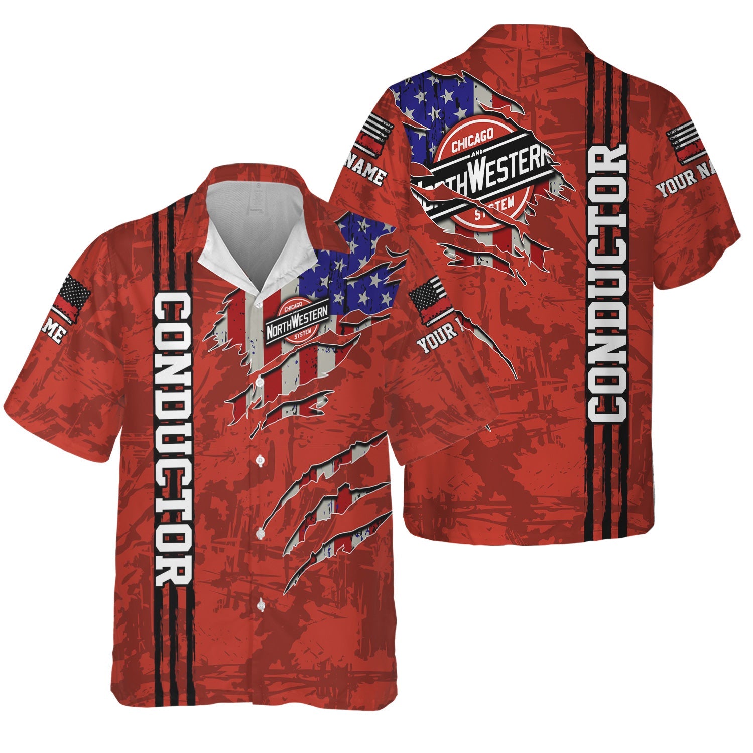 Railspirit Personalized Chicago and North Western Railway Hawaiian Shirt USA Flag Claw Art with Custom Job Train Shirt