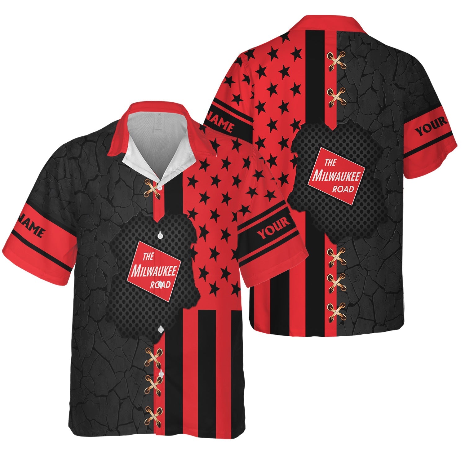 Railspirit Personalized Chicago, Milwaukee, St. Paul and Pacific Railroad Hawaiian Shirt American Flag with Crack Effect Milwaukee Road Train Shirt