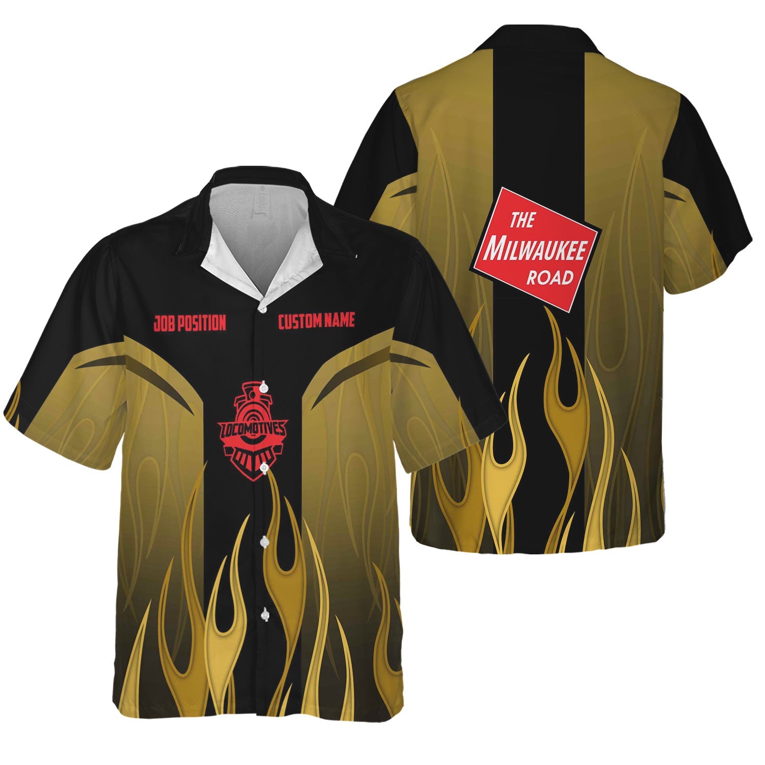 Railspirit Custom Name and Job Title Chicago, Milwaukee, St. Paul and Pacific Railroad Hawaiian Shirt Flame Graphic Milwaukee Road Train Shirt