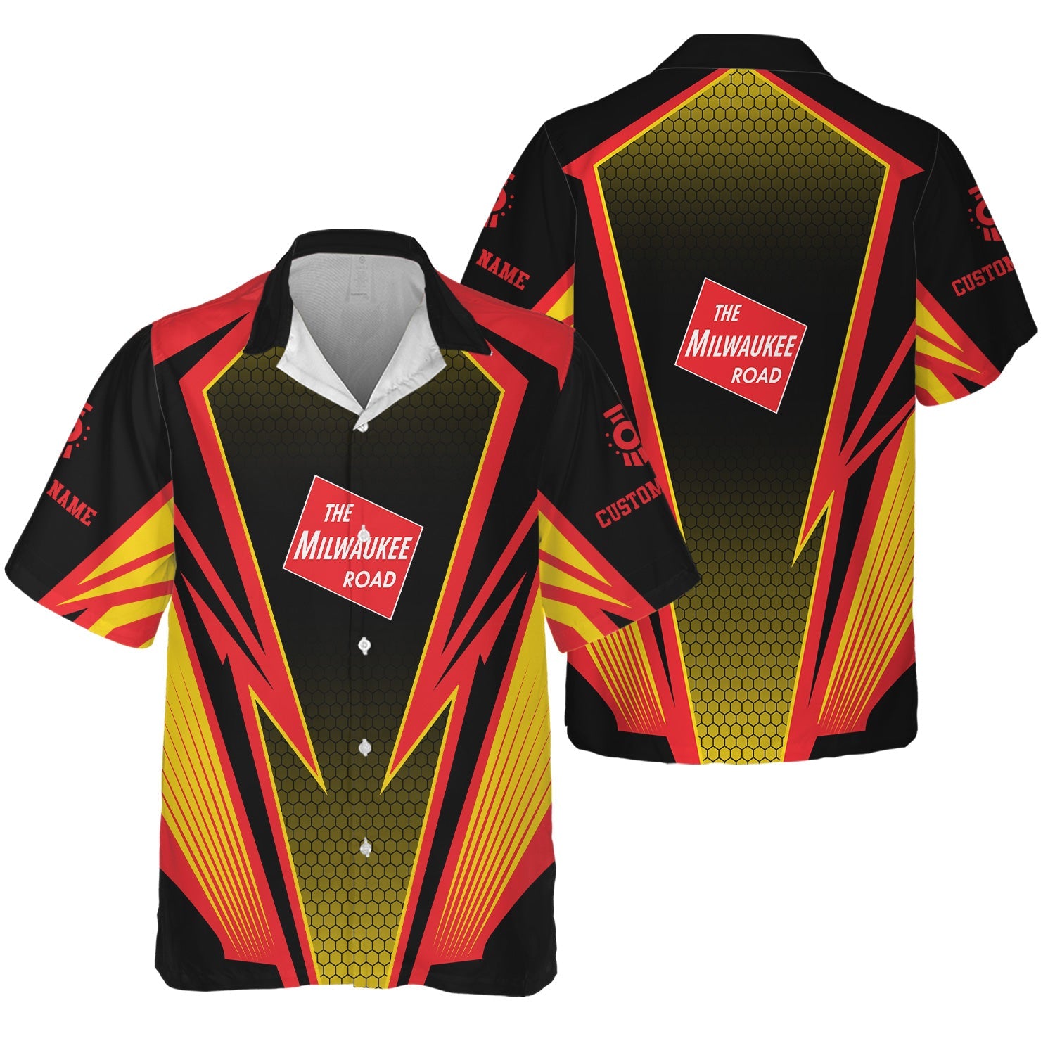 Railspirit Personalized Chicago, Milwaukee, St.Paul and Pacific Railroad Hawaiian Shirt Lightning Graphic Style Milwaukee Road Shirt Gift For Train Lover