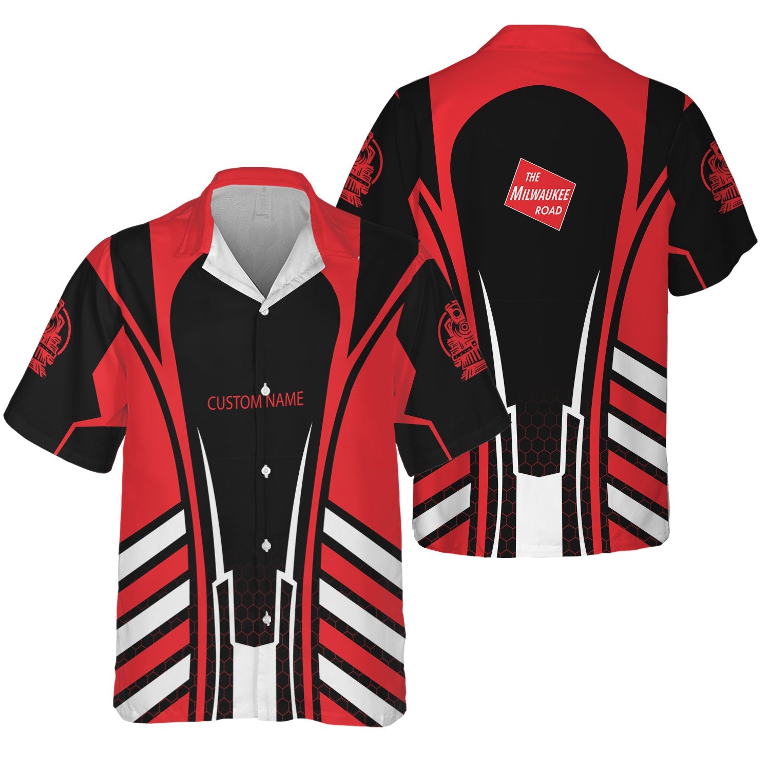 Railspirit Personalized Chicago, Milwaukee, St. Paul and Pacific Railroad Hawaiian Shirt Striped Railroad Style Milwaukee Road Train Shirt