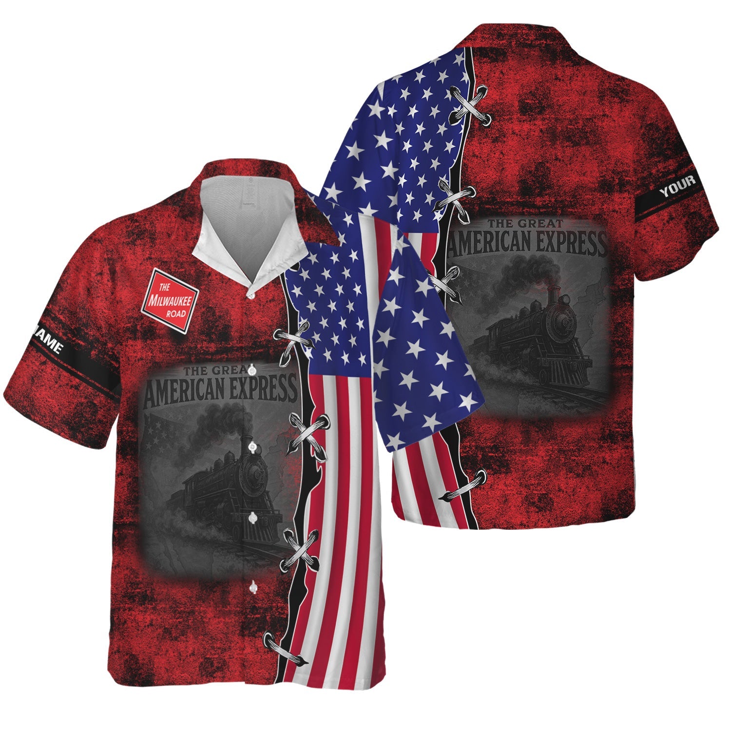 Railspirit Personalized Chicago, Milwaukee, St. Paul and Pacific Railroad Hawaiian Shirt Retro American Express Train USA Flag Milwaukee Road Shirt